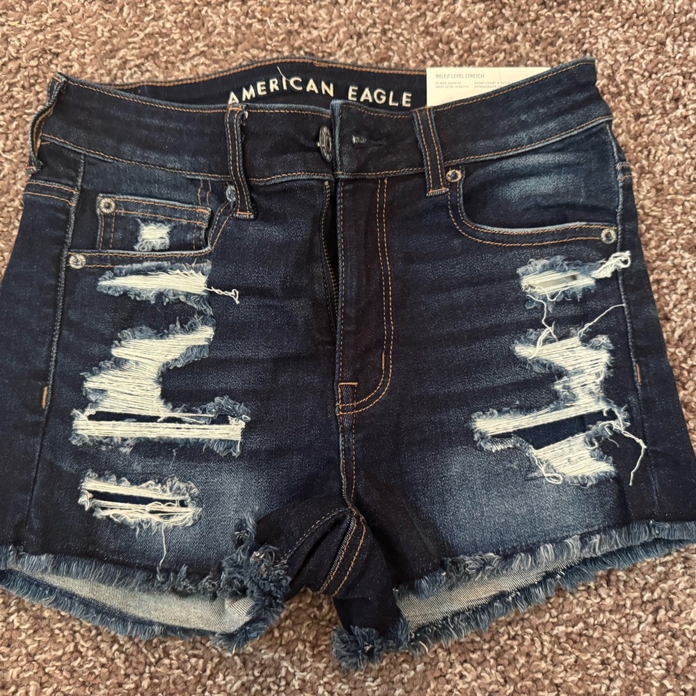 American Eagle Outfitters Women's Ripped Jean Shorts - Dark Blue